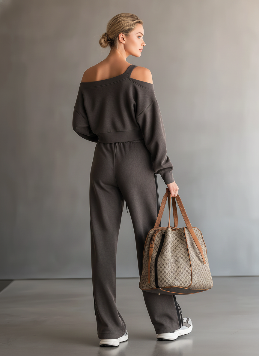 Women's Fashion Off-Shoulder Long-Sleeve Cropped Sweatshirt And Sweatpants Set