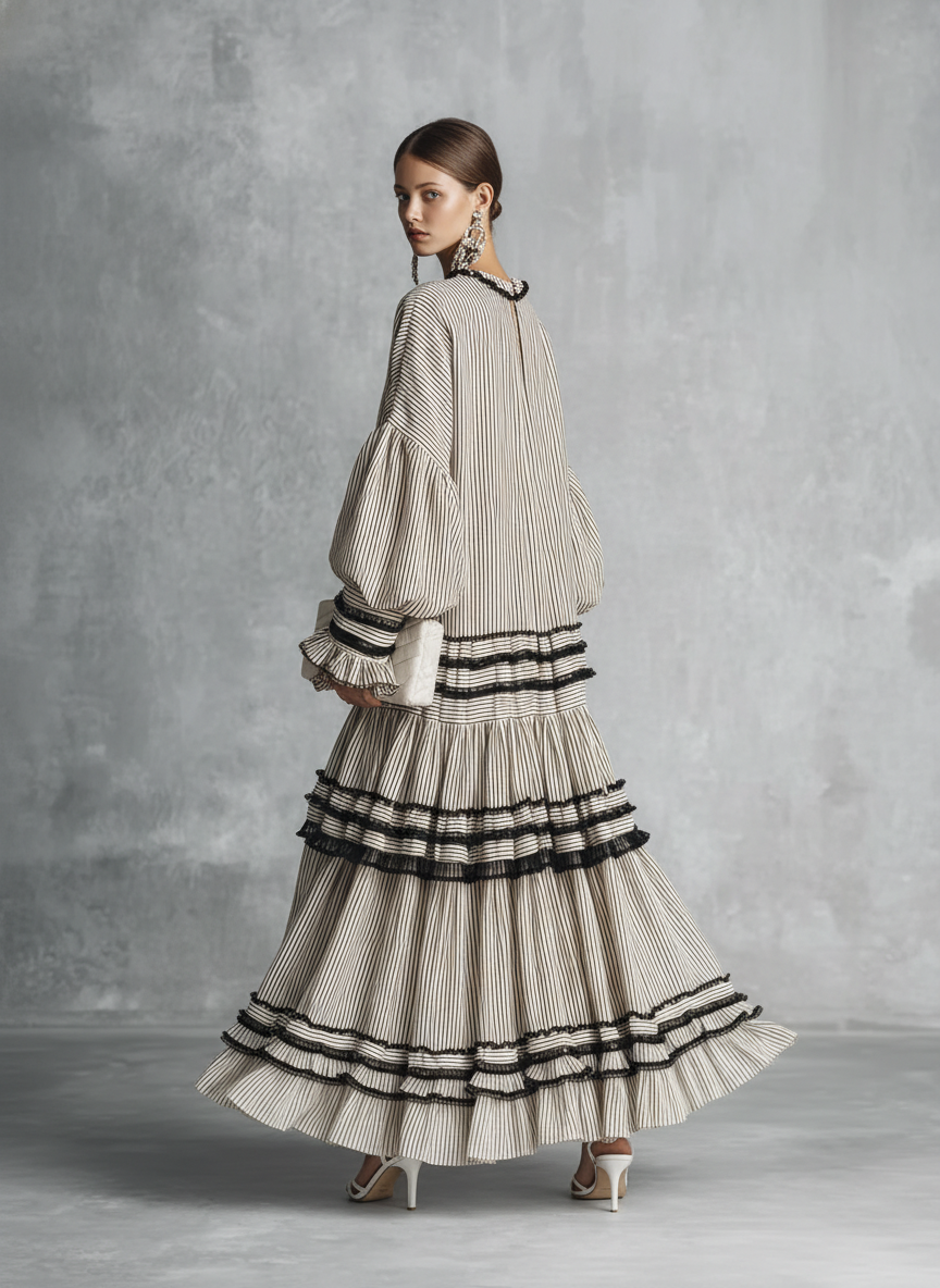 Women's Boho Striped Ruffle Tiered Cotton Blend Long Sleeve Maxi Dress