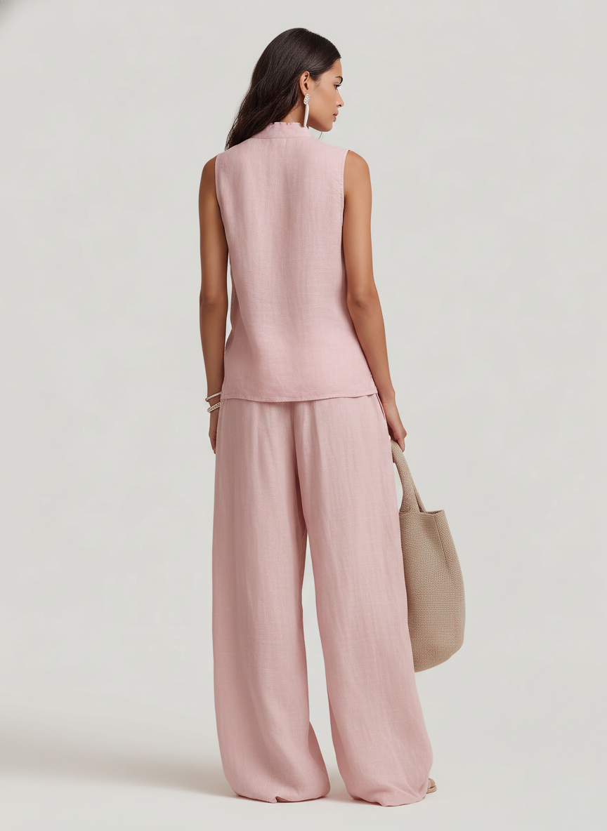 Women's Casual Light Pink Cotton-Linen Sleeveless Crew-Neck Top With Trousers