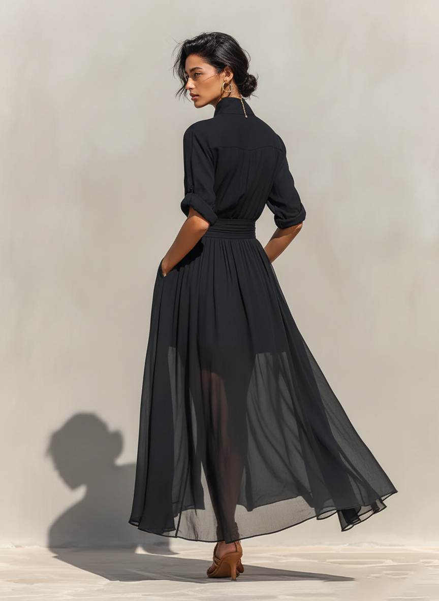 Women's Black Flowy Rayon Dress With Sheer Overlay & Elasticated Waist, Modern Sophisticated-Resort Style Dress