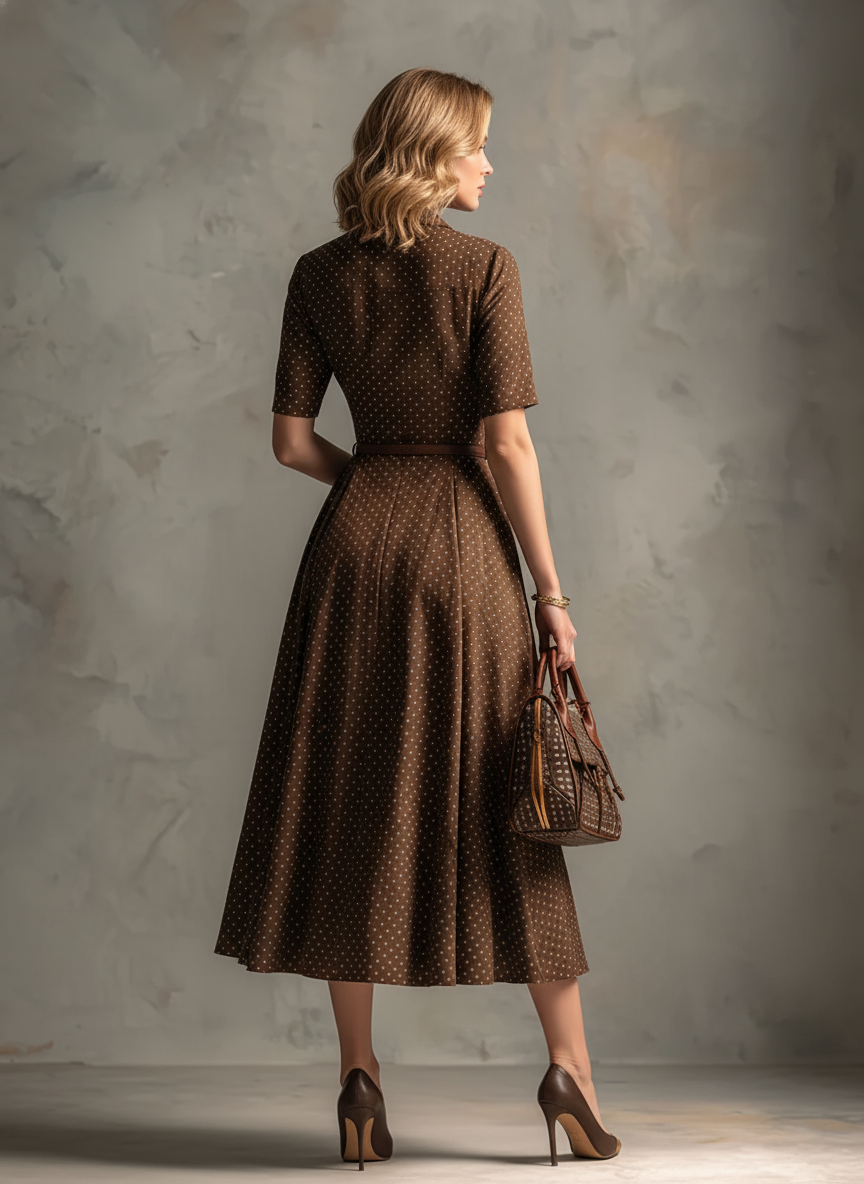 Women's Vintage Brown Cotton-Blend Polka Dot Waisted Shirt Midi Dress