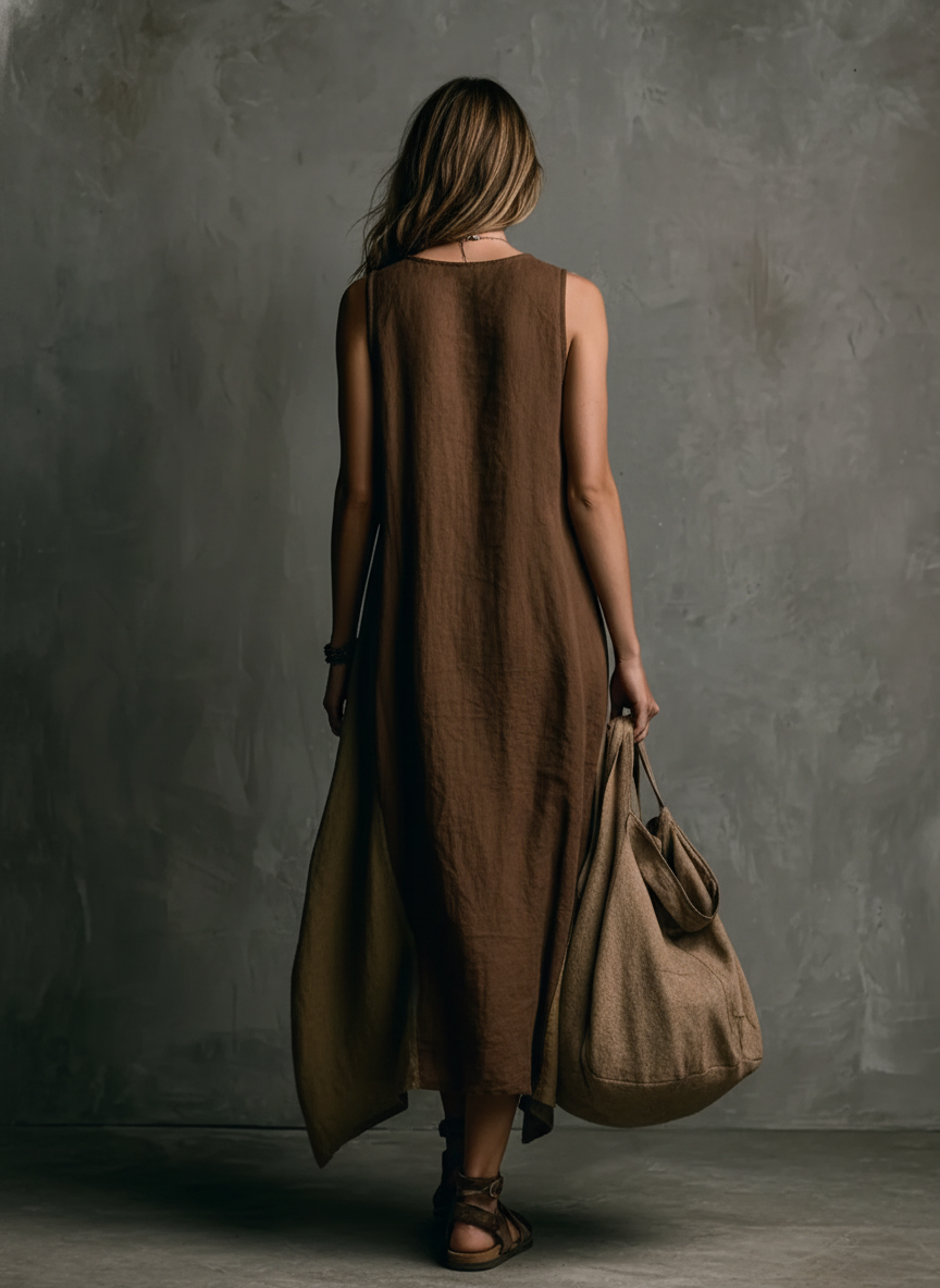 Women's Casual Brown And Khaki Cotton-Linen Patchwork V-Neck Sleeveless Asymmetrical Long Dress