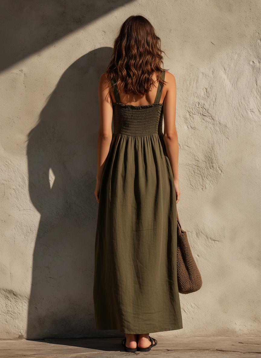 Women's Casual Olive Green Cotton-Linen Maxi Dress — Square Neck, Sleeveless