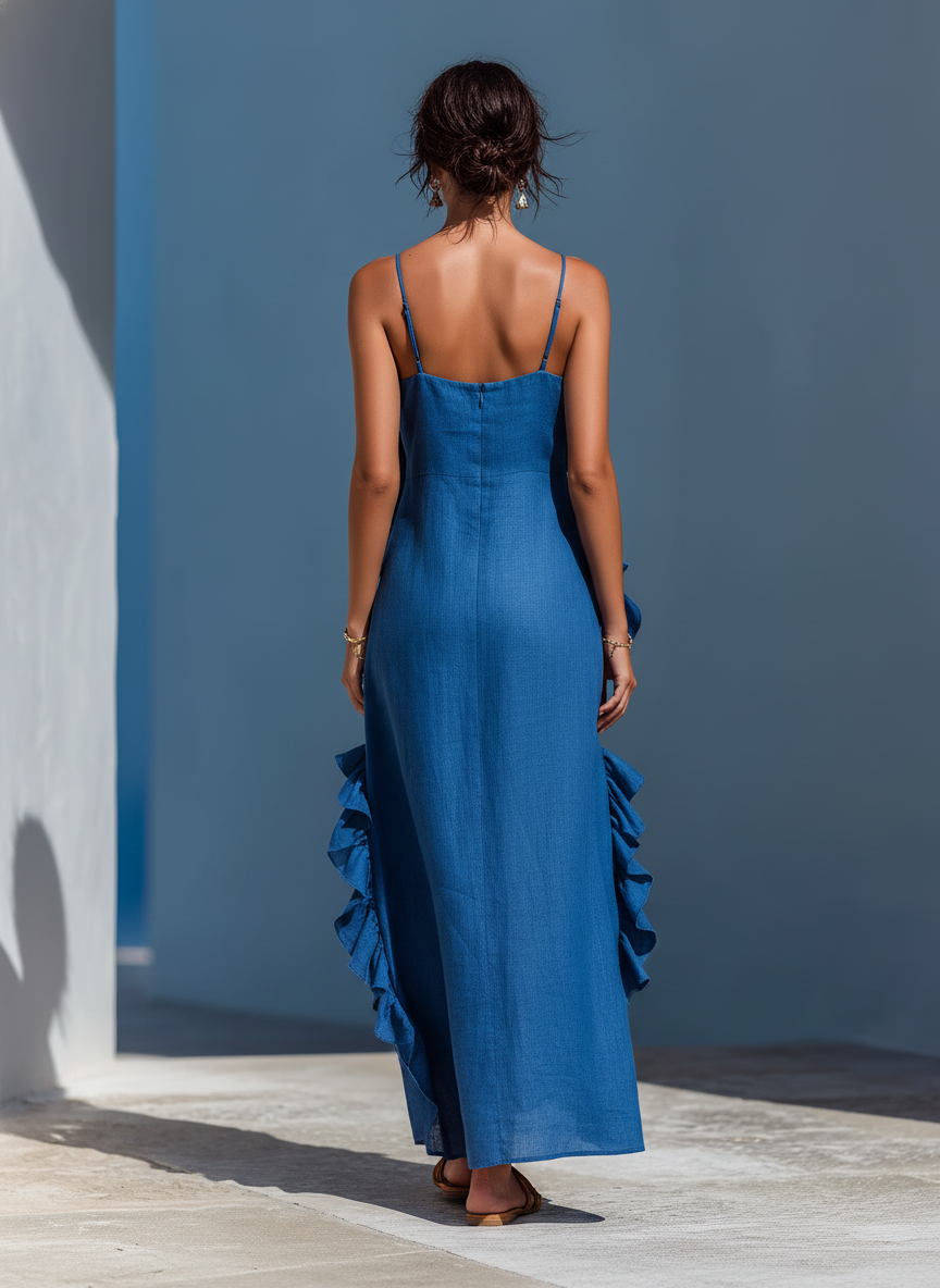 Women’s Blue Linen-Blend Spaghetti Strap Ruffle Trim Maxi Dress With Slit