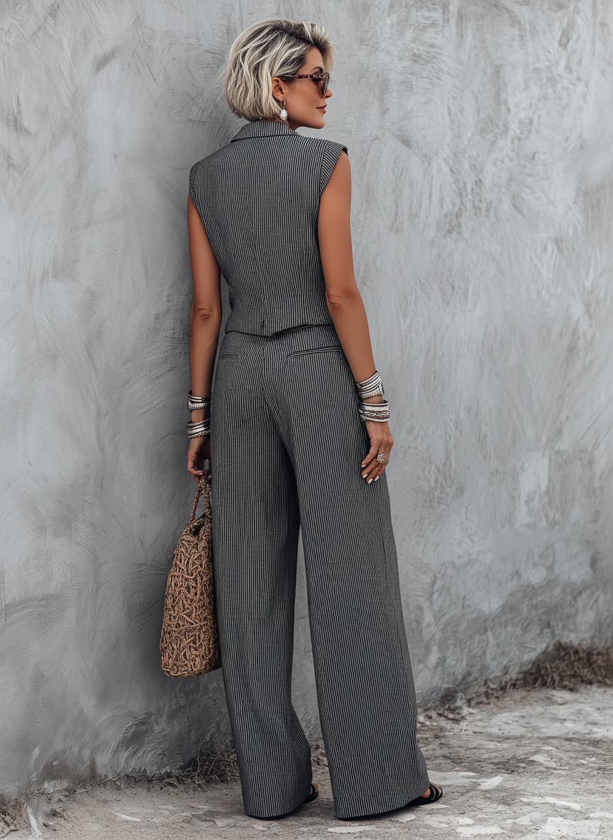 Women's Minimalist Linen-Blend Striped Lapel Vest & Wide-Leg Pants Set