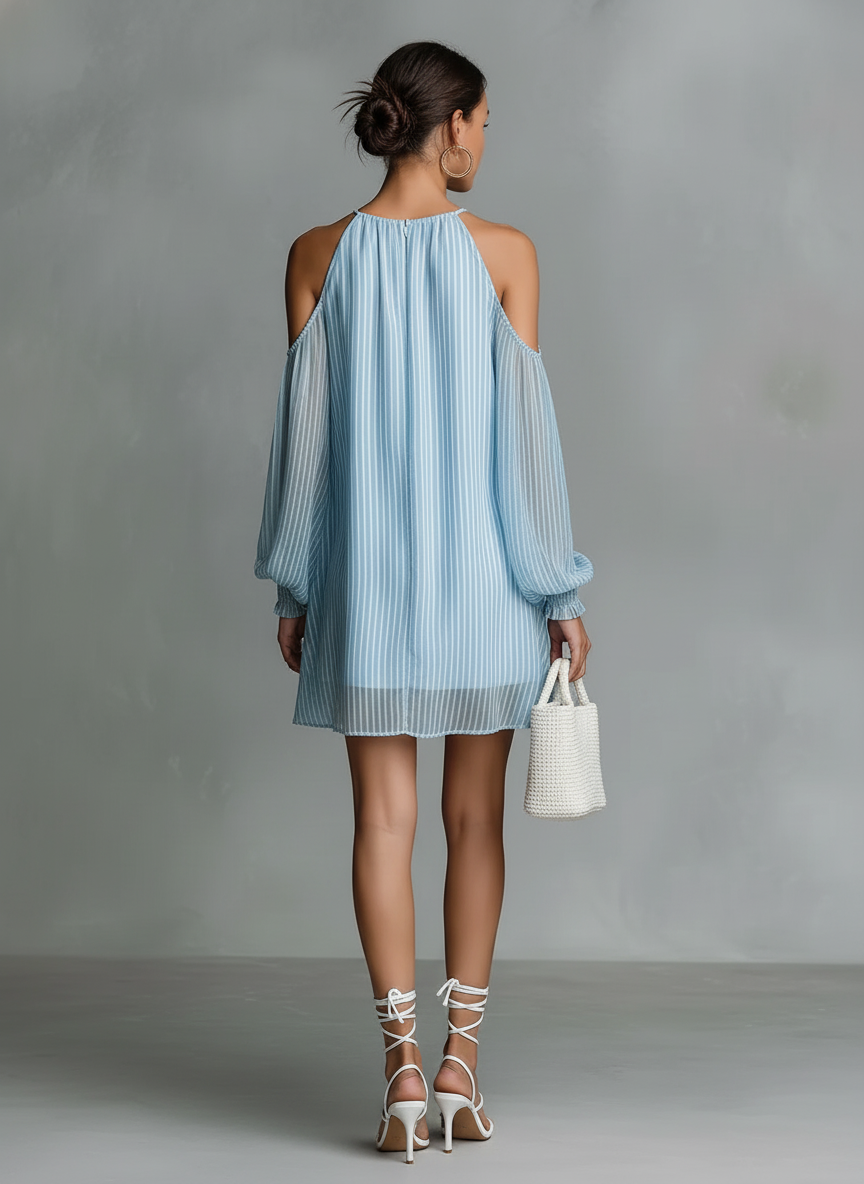Women's Minimalist Striped Chiffon Off-Shoulder Long-Sleeve Mini Dress