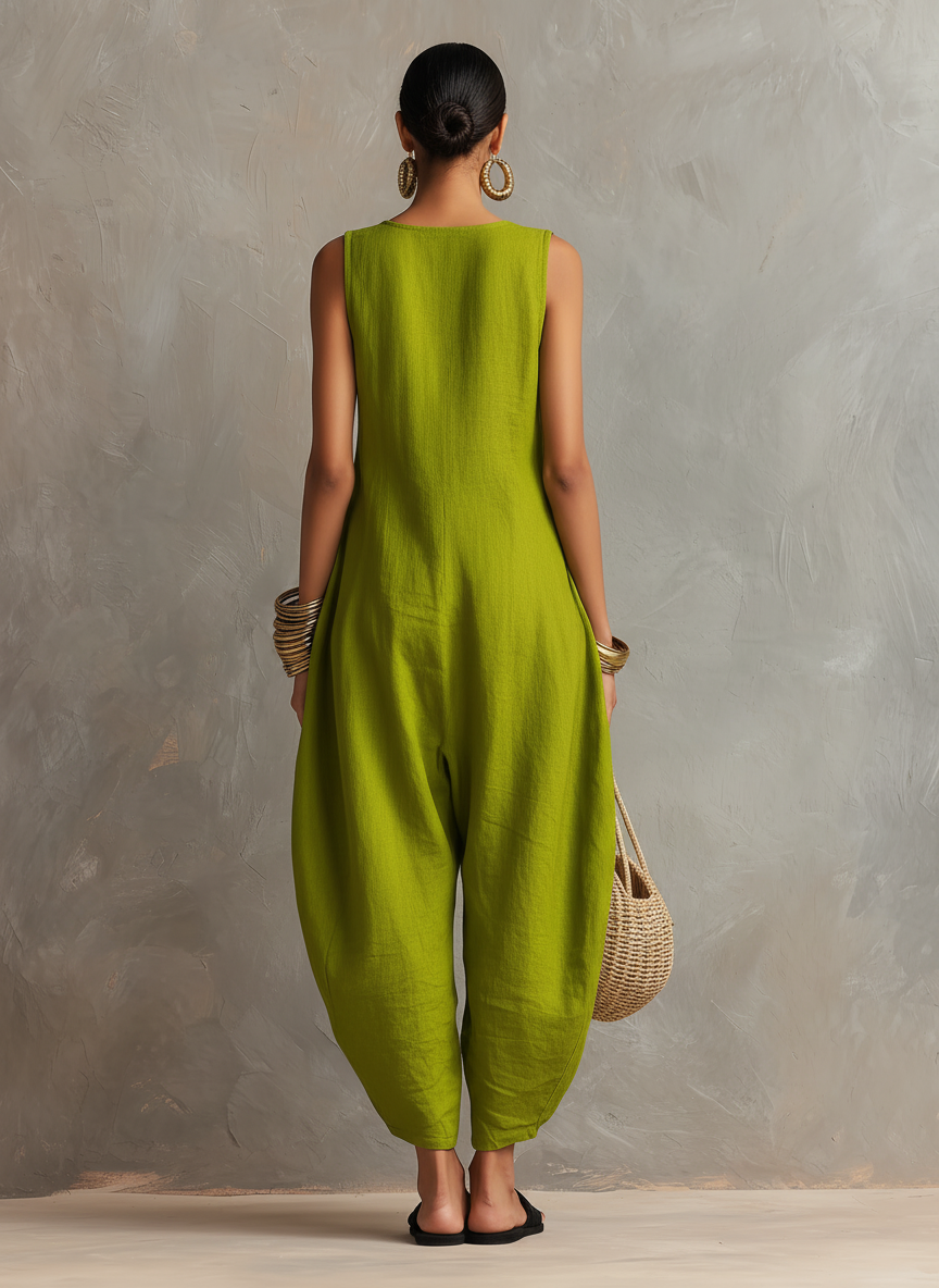 Women's Minimalist Loose-Fit Linen-Blend Sleeveless Jumpsuit With Asymmetrical Buttons