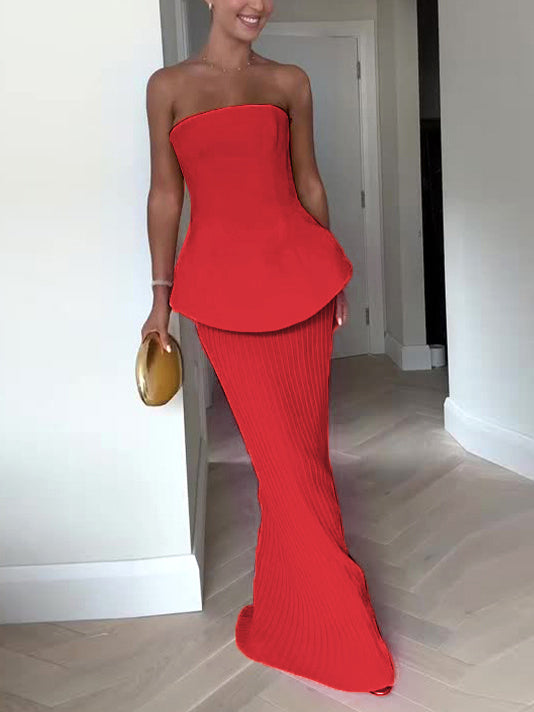 Elegant Tube Top High Waist Pleated Skirt Two Piece Set