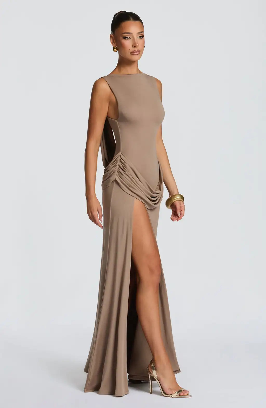 Sleeveless Ruched Backless High-Slit Bodycon Evening Gown