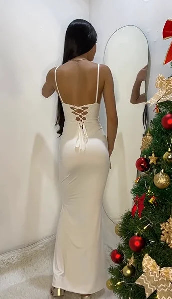 Sexy Sling Deep V Neck Solid Color Slim Dress