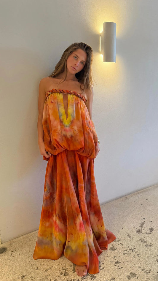Boho Tie-Dye Tube Top Braid Trim Waist-Cinching Flare Maxi Dress | Vacation Vibe Long Dress