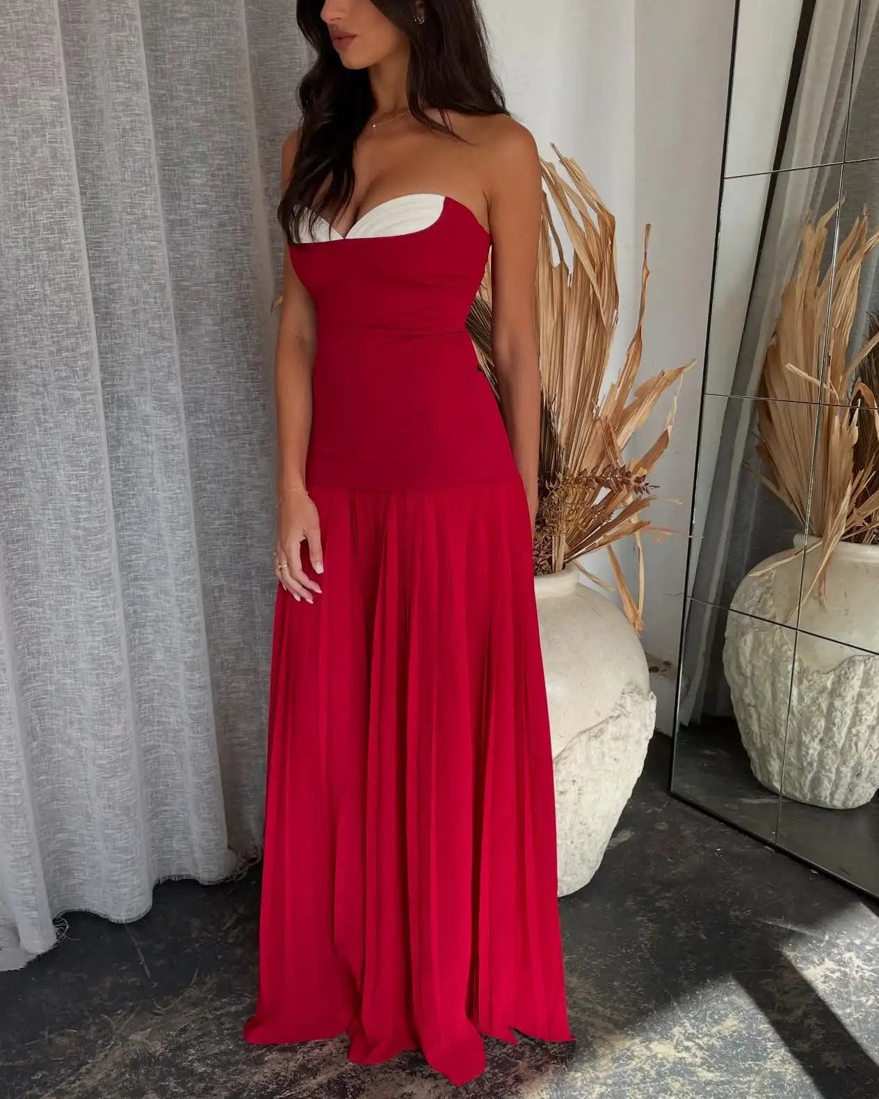 Sexy Contrast Color Bandeau One-Shoulder Stitching Dress