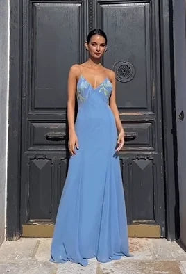 Haze Blue 3D Floral Embroidery Halter Backless Draped Vacation Maxi Dress