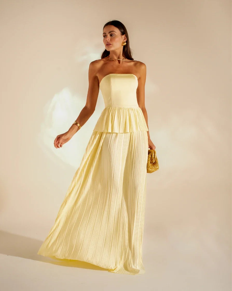 French Style Pale Yellow Bandeau Pleated Backless Lace-Up Flowy Maxi Dress
