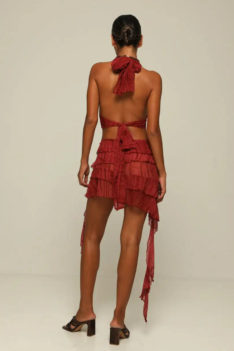 Wine Red Halter Backless Crop Top + Tiered Skirt - Atmospheric Set