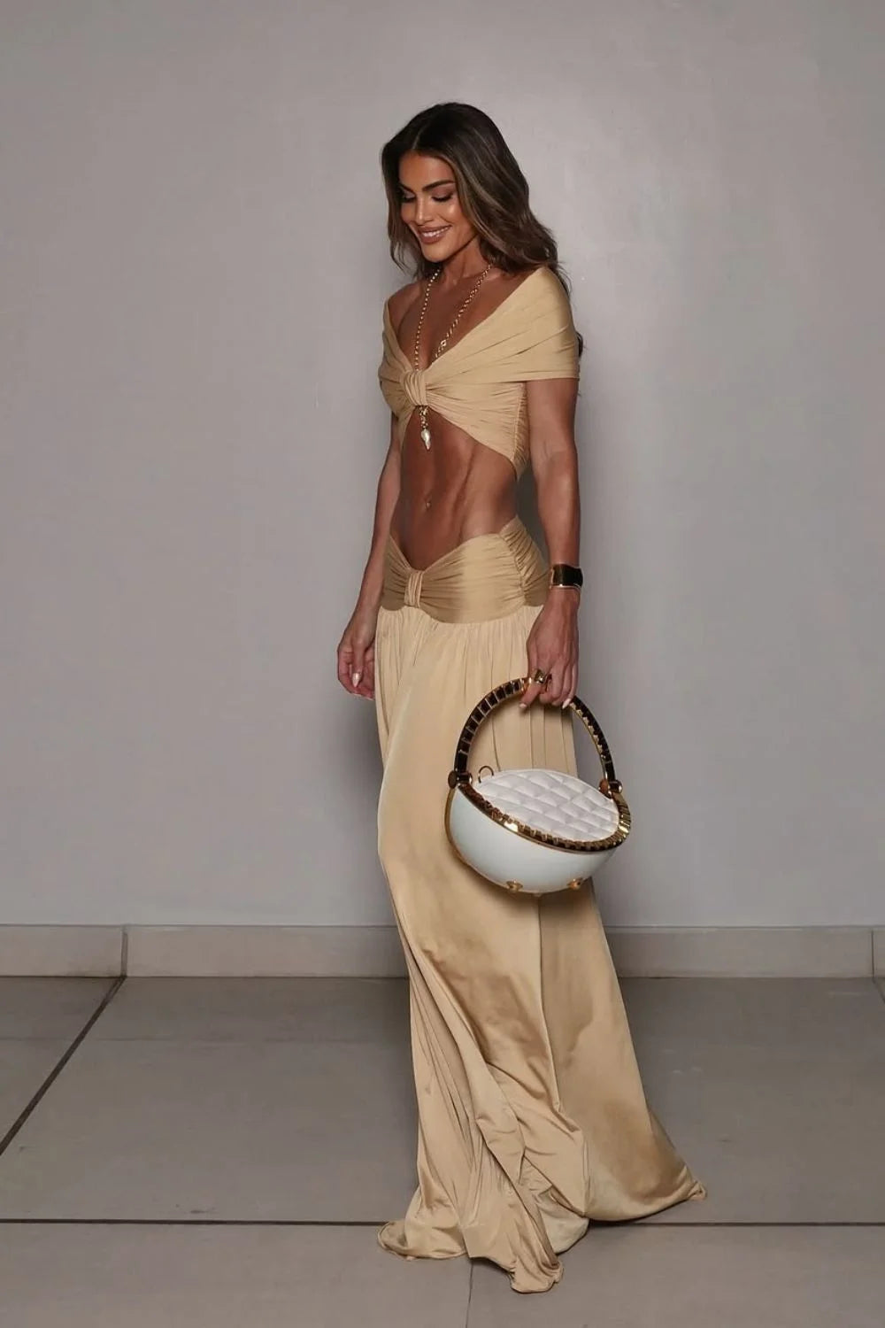 Vacation Style Nude Twist Cutout Halter Maxi Dress Set