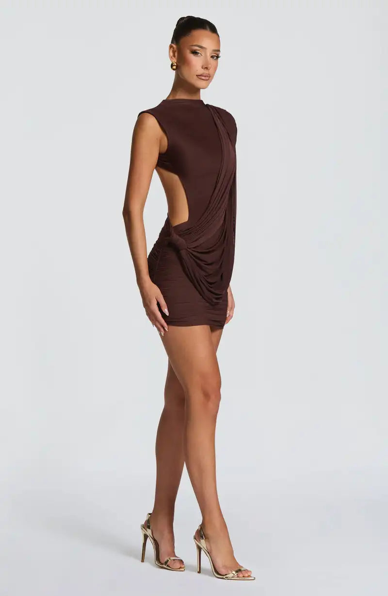 Round Neck Single Cutout Twist Open-Back Slim-Fit Mini Dress