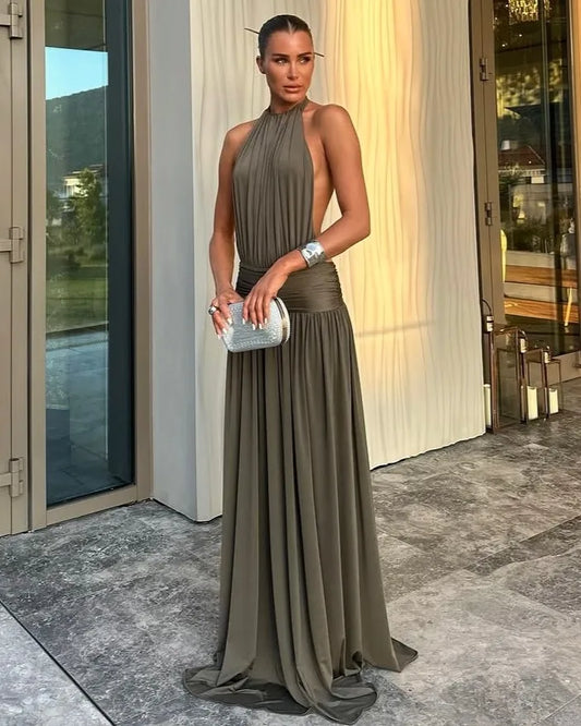 Sexy Halter Backless Solid Color Pleated Dress