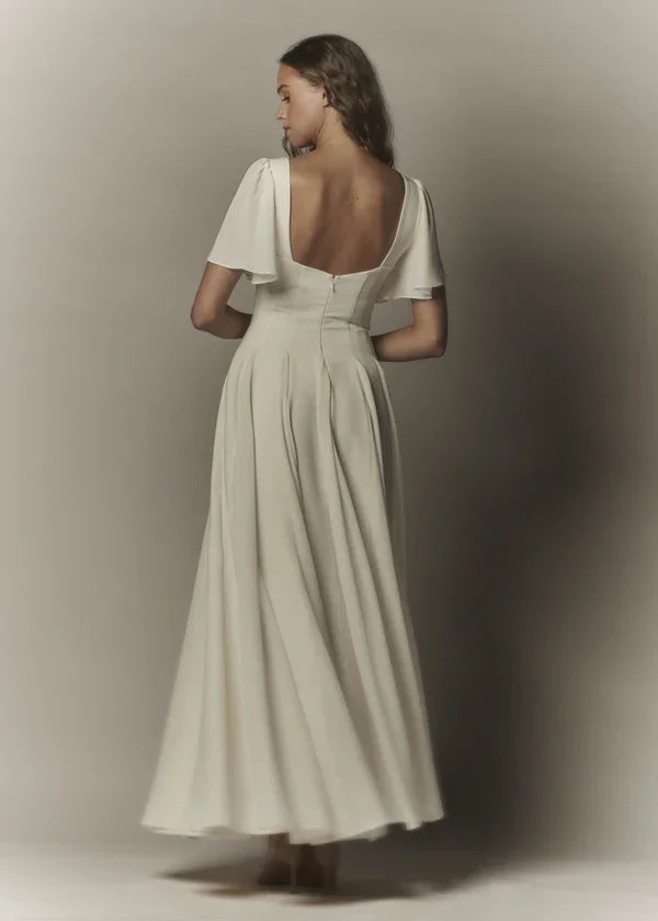 French Gentle Style White Butterfly Sleeve V-Neck Backless Waist-Cinched Flowy Maxi Dress