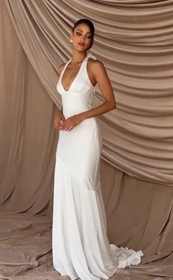 Satin Halter Mermaid Dress - Backless Train Atmospheric Wedding Gown