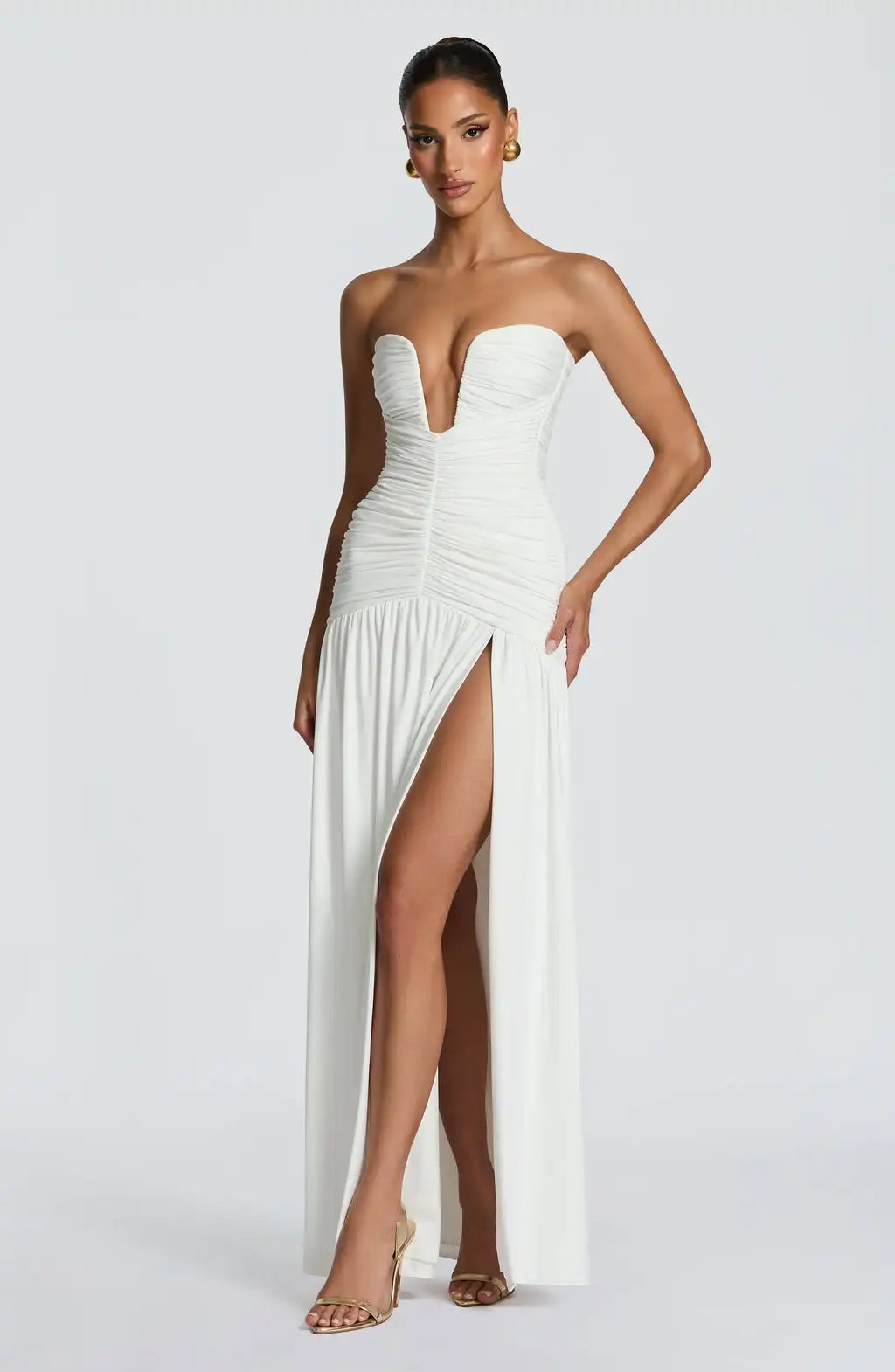 Deep V-Neck Ruched Paneled High Slit Strapless Maxi Dress