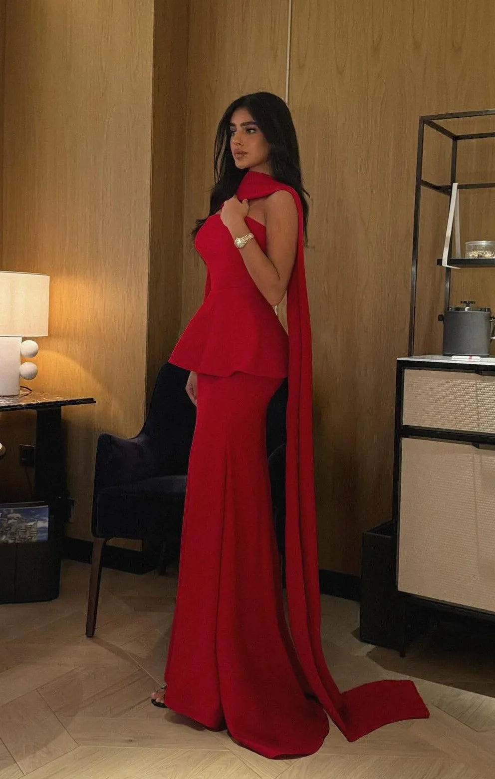 Sexy Scarf Tube Top Cinched Waist Solid Color Evening Dress