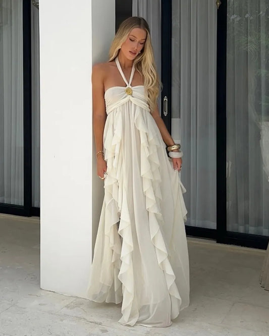 Cream White Halter Gold Rose Ruffled Backless Maxi Dress