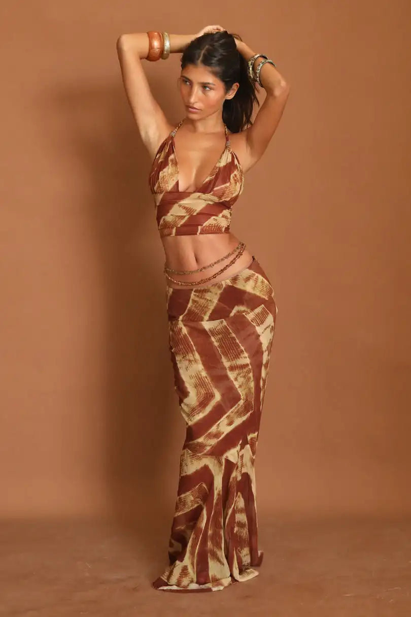 Brown Tie-Dye Halter Crop Top + Mermaid Skirt - Atmospheric Set
