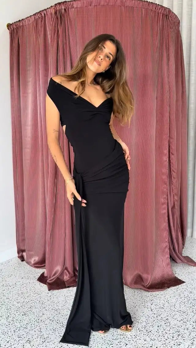 Sexy Big Deep V-neck Slim-Fit Solid Color Ribbon Dress