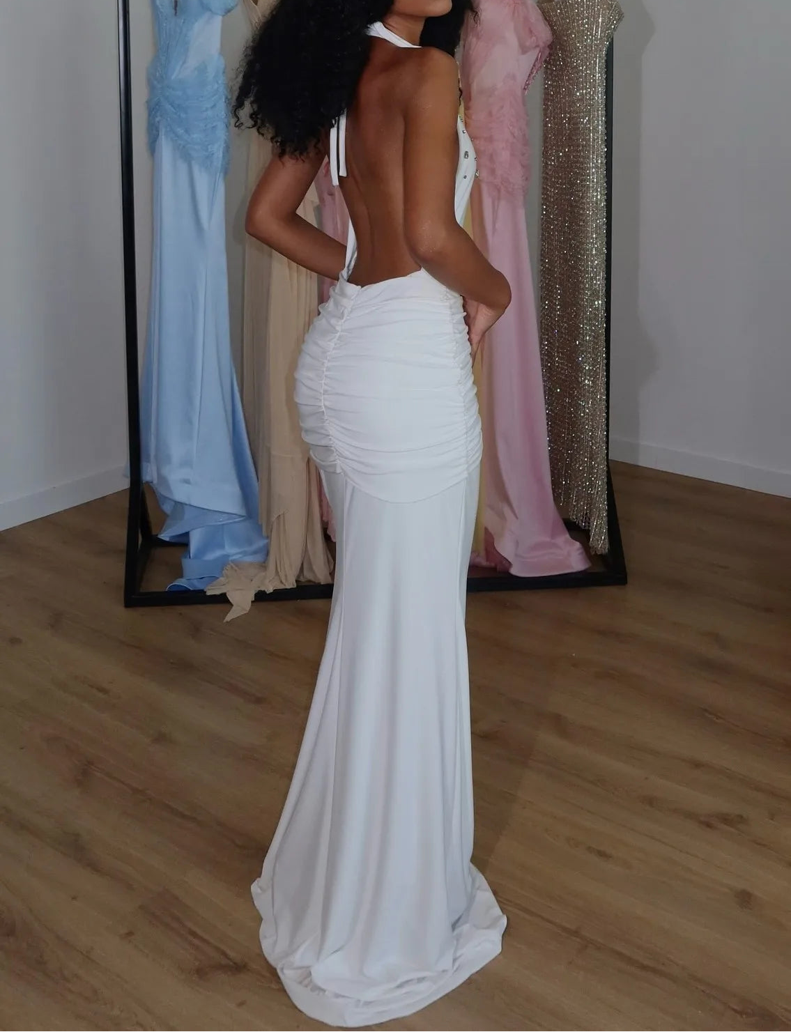 Sexy Super Deep V-neck Sleeveless Halter Pleated Maxi Dress