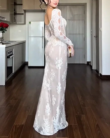 Sexy U Collar Long Sleeve Lace White Maxi Dress