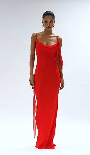 Scarlet Red 3D Rose Decor Spaghetti Strap Backless Draped Evening Maxi Dress