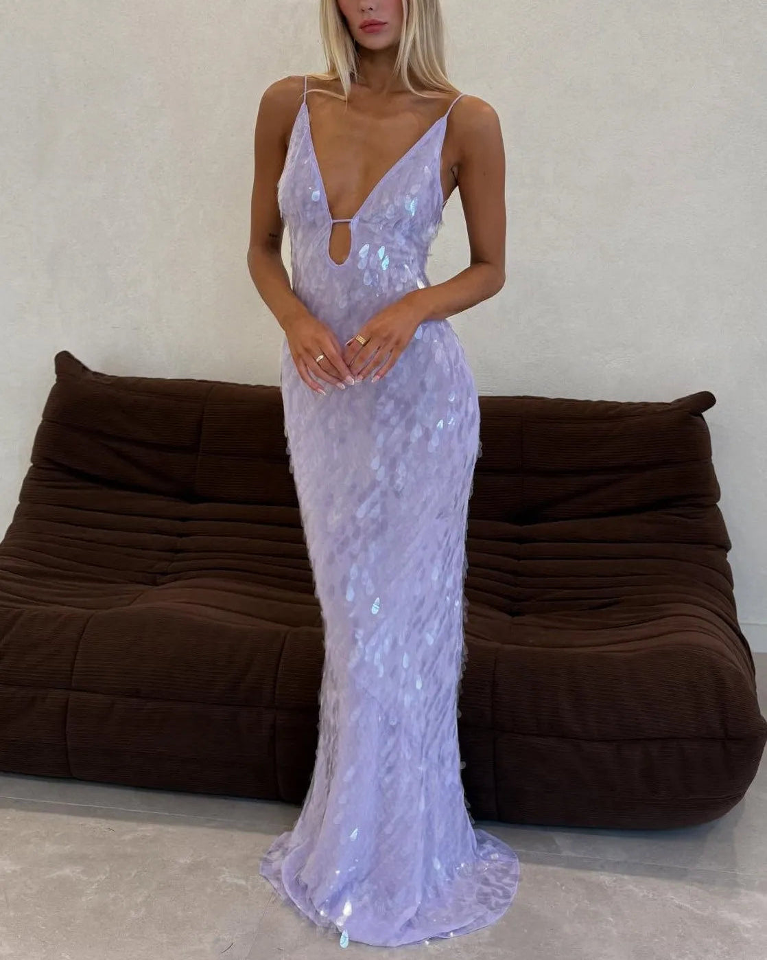 Sexy Hollow-out Camisole Super Deep V Colorful Sequin Dress