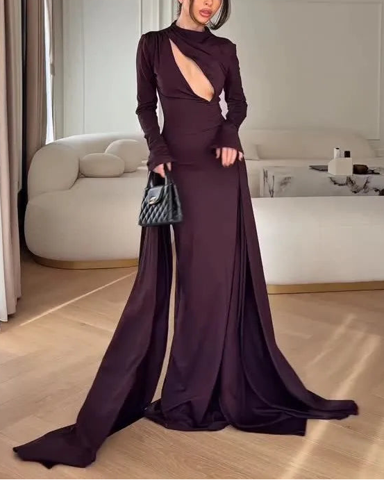 Sexy Long Sleeve Hollow out Solid Color Lace-up Maxi Dress