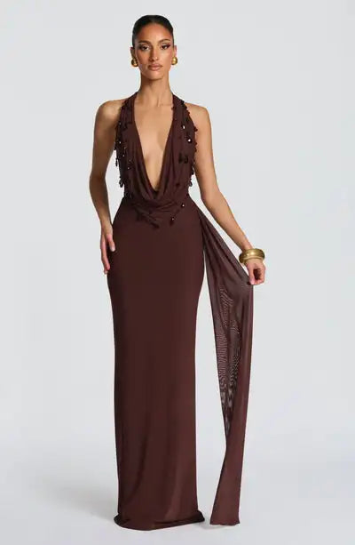 Sexy, Deep V-neck and Backless Pendant Drill Luxury Dress