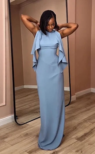 「Misty blue draped backless dress with cape sleeves, an elegant long gown」