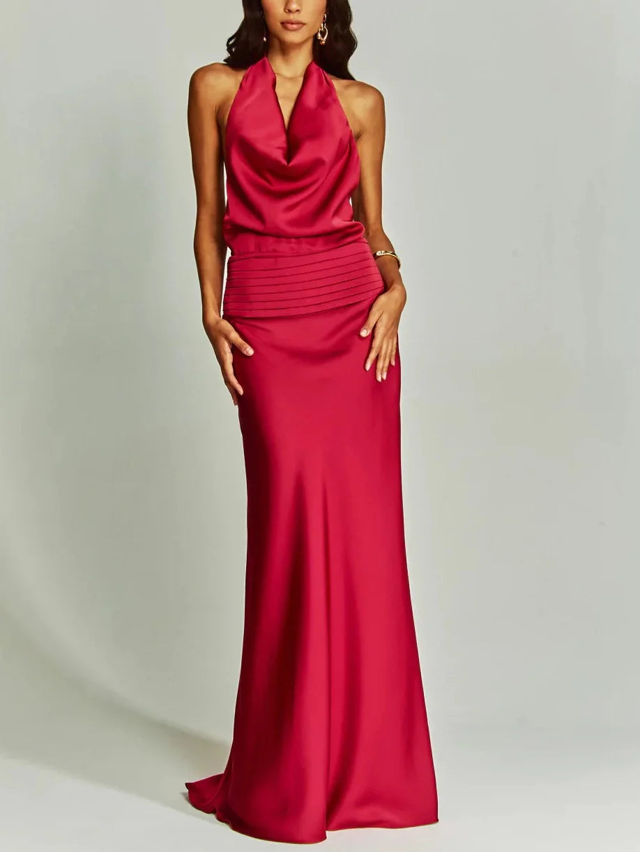 Fuchsia Halter Backless Mermaid Maxi Dress - Satin Pleated Mature Style Gown