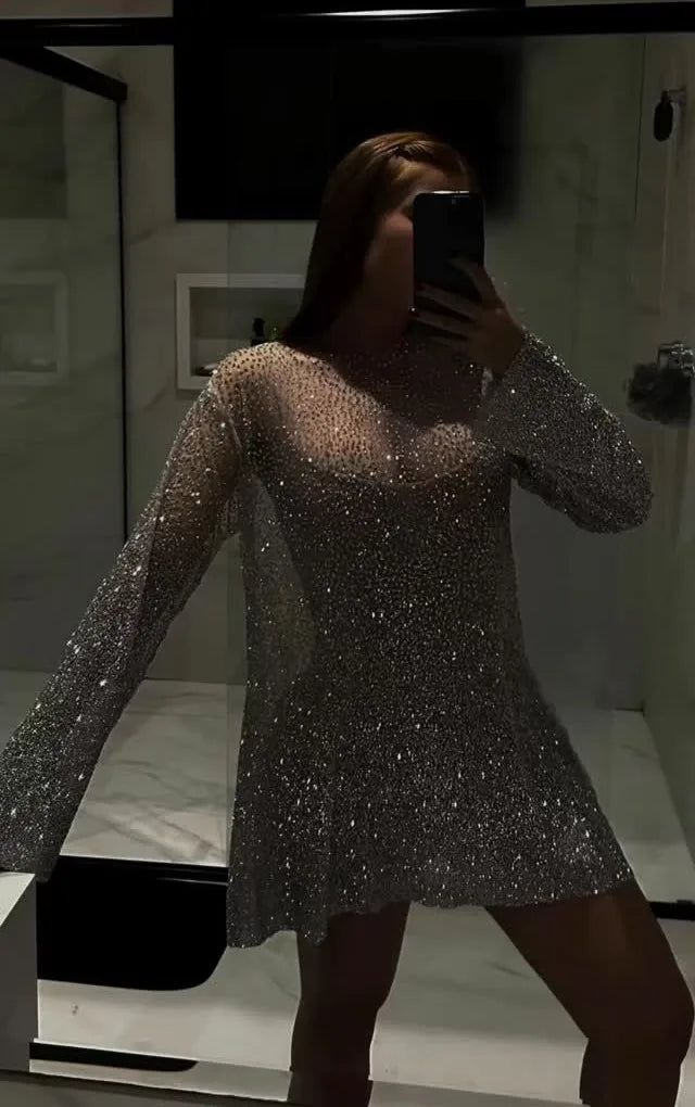 Sexy Long Sleeve Loose Shiny See-through Dress