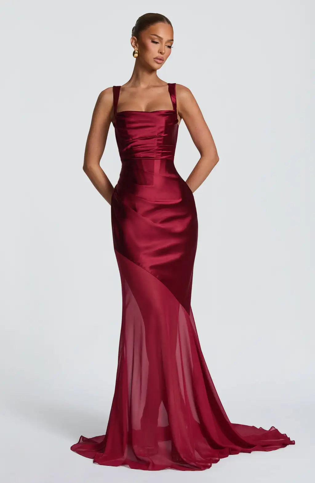 Burgundy Satin & Sheer Panel Gown - Mermaid Train Maxi Dress