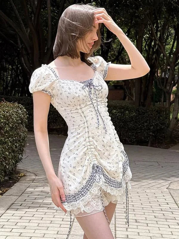 French Countryside Floral Ruched Puff Sleeve Dress | Girly Lace Trim Mini Dress
