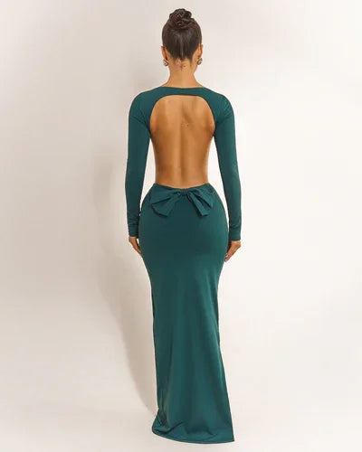 Sexy Long Sleeve Backless Slim Fit Solid Color Dress