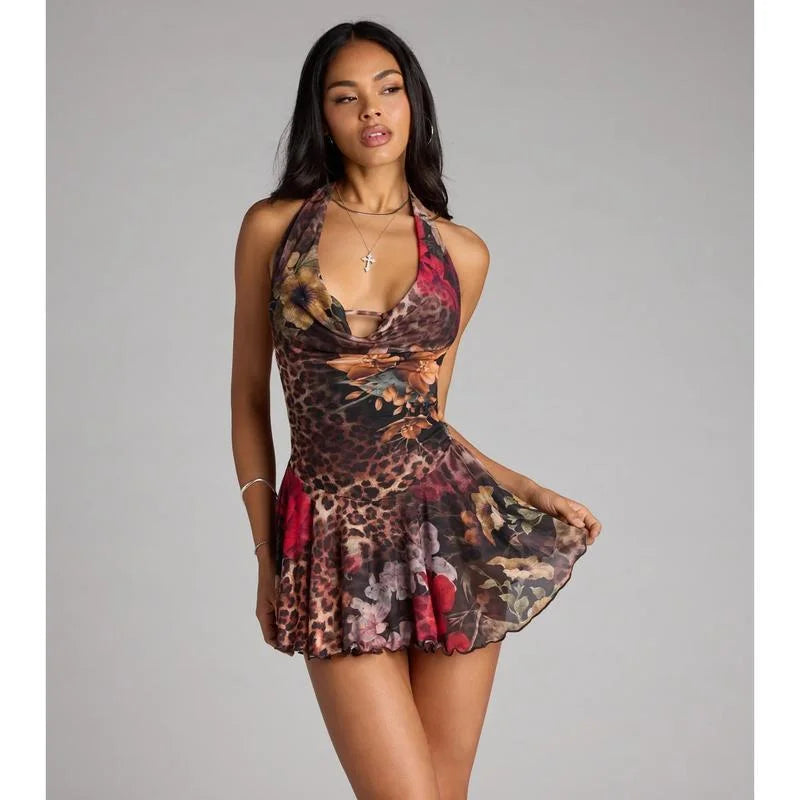 Leopard Print Floral Halter Backless Ruffled Mini Dress
