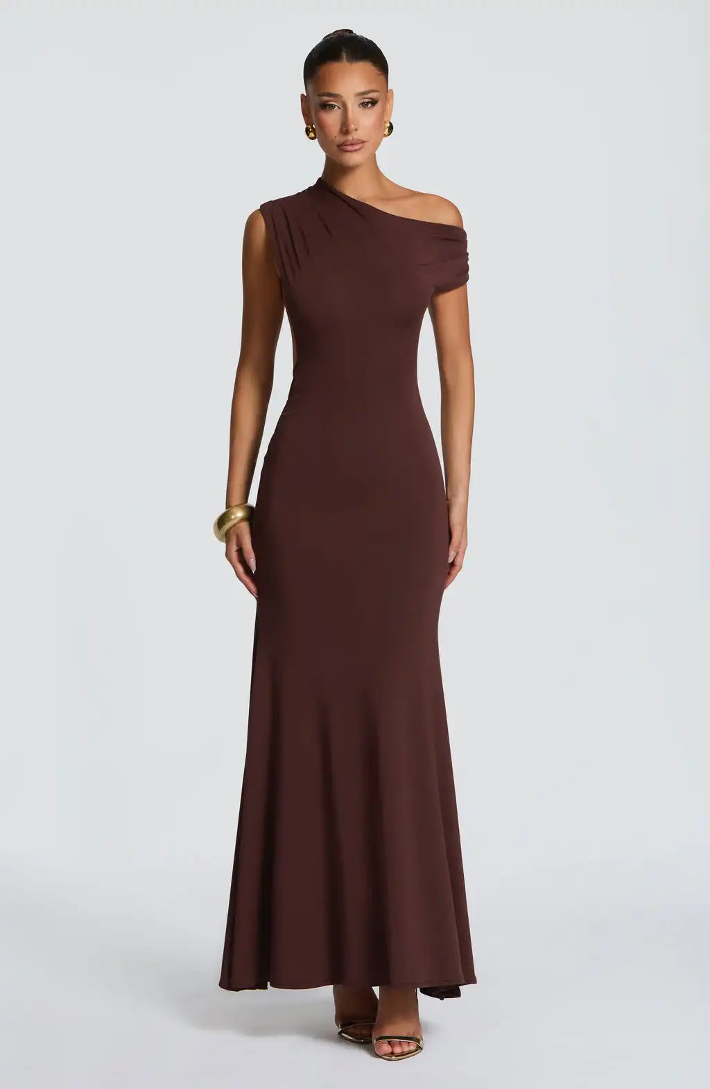 Asymmetric Shoulder Neckline Open-Back Slim-Fit Mermaid Maxi Dress