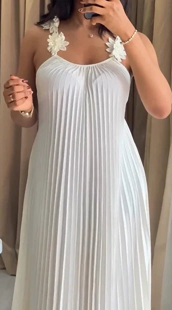 Fairy Style White Floral Embellished Spaghetti Strap Backless Pleated Flowy Maxi Dress