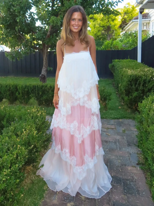 Pink & White Ombre Lace Layered Spaghetti Strap Cake Maxi Dress