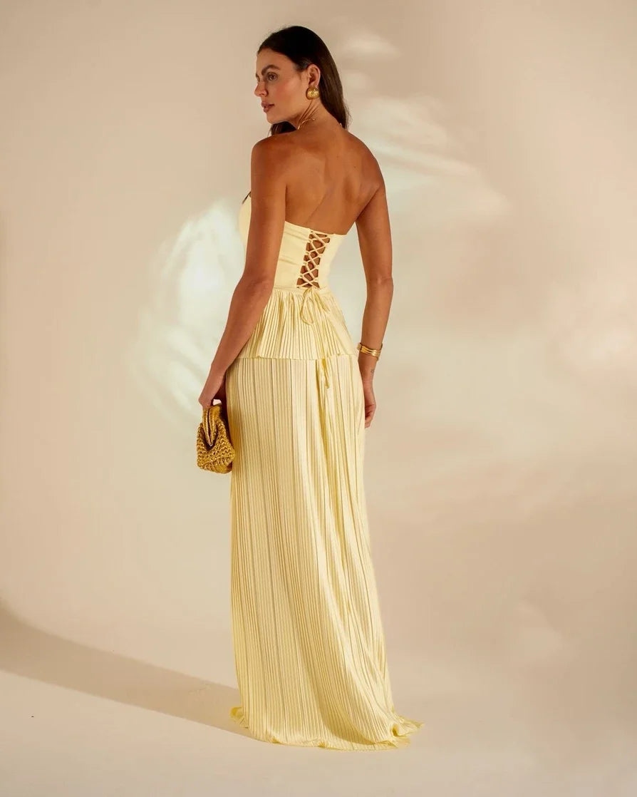 French Style Pale Yellow Bandeau Pleated Backless Lace-Up Flowy Maxi Dress