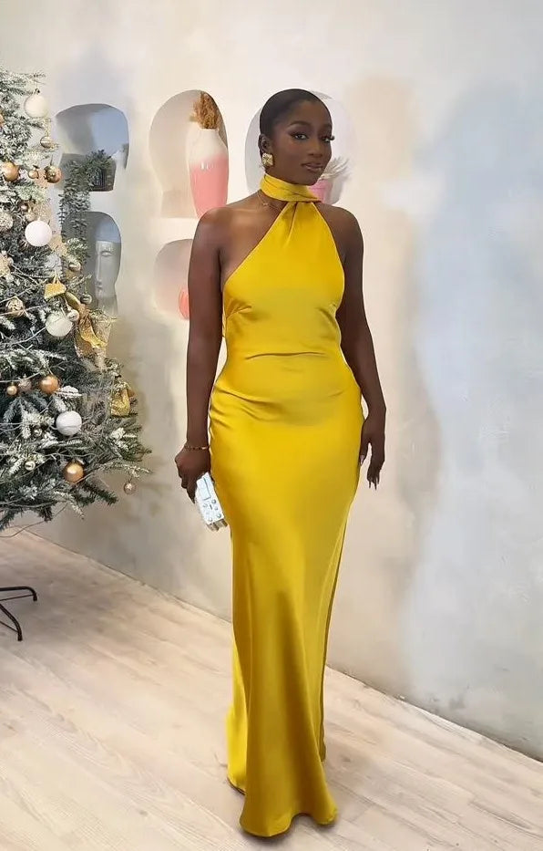 Sexy Sleeveless Halter Solid Color Dress