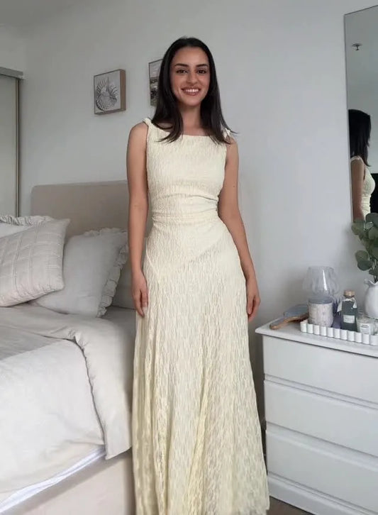 Cream Textured Sleeveless Maxi Dress | Gentle High Waist Slip Dress