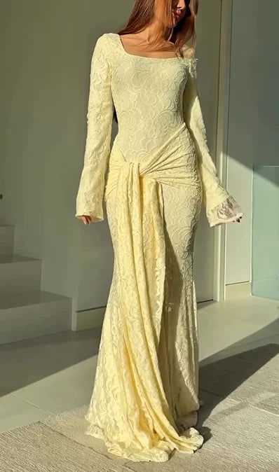 Sexy U Collar Long Sleeve Solid Color Lace-up Maxi Dress