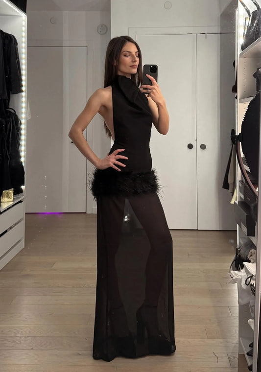 Sexy Big Backless Halter Stitching Plush Dress